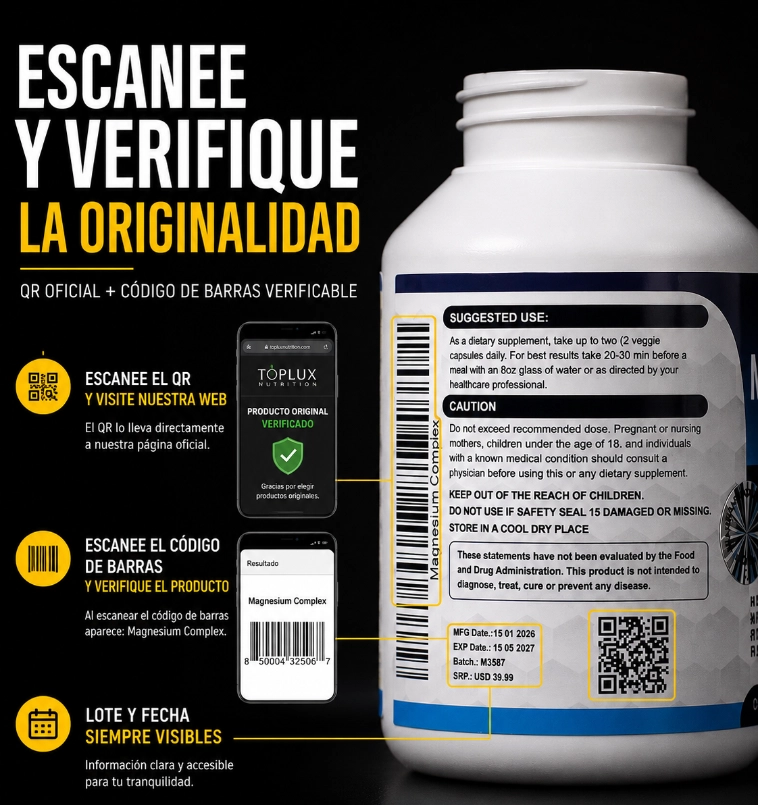 Escanee y verifique con su celular — QR oficial y código de barras con resultado producto original verificado
