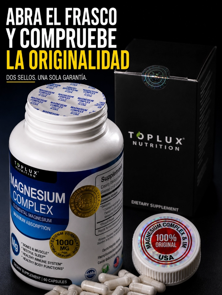 Magnesium Complex Toplux — frasco original abierto con cápsulas y caja negra