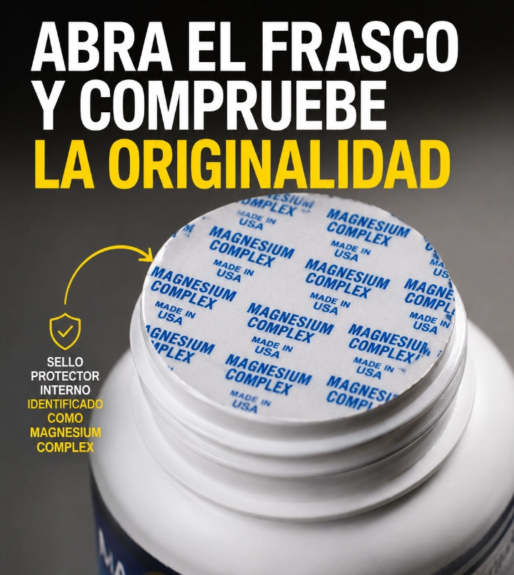 Sello protector interno identificado como Magnesium Complex — holograma, QR, procedencia USA, sello de seguridad y código de barras